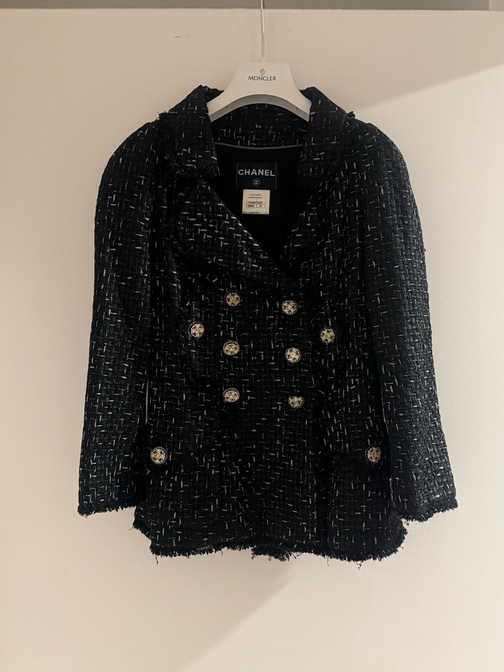 CHANEL Black Tweed Double-Breasted Blazer with Gold Buttons Size 36